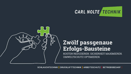 Kosten reduzieren, Sicherheit maximieren, Umweltschutz optimieren. Jetzt 12 Lösungswege kennenlernen. Dunkelblauer Hintergrund, weiße Strichgrafik von Händen, die Puzzleteile zusammenfügen, weißer Text "Zwölf passgenaue Bausteine" und Logo "Carl Nolte Technik" in weiß und grün